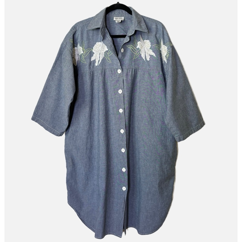 Raquel Unger Vintage Denim Chambray Embroidered Cotton Shirt Dress